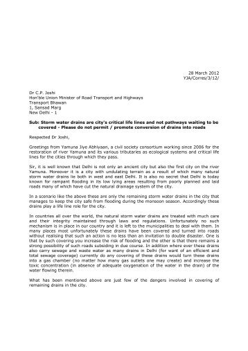 Letter to Hon'ble Minister of Road Transport - Storm water drains ...