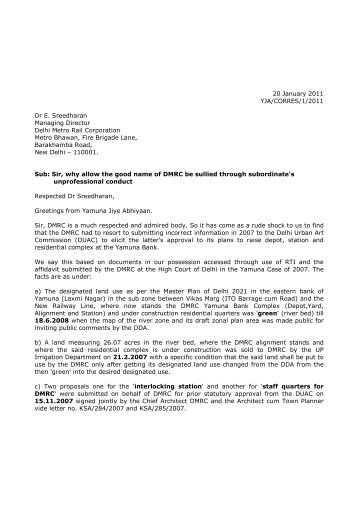 Letter to Dr. E.Sreedharan, DMRC (Reg. Staff quarters) - 20 Jan 11
