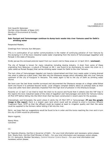 Letter to Smt Jayanthi Natarajan - Panipat and Yamunanagar _25 ...