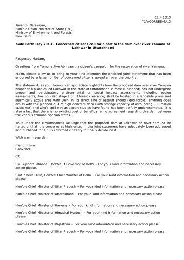 Letter to Smt. Jayanthi Natarajan - Earth Day 2013 _22.4.13_