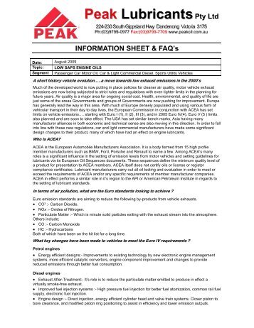 Low Saps Engine Oil FACT Sheet - PEAK OIL