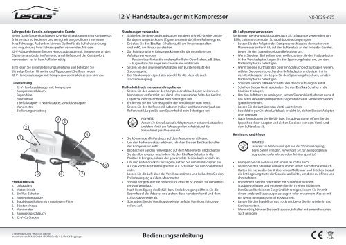 12-V-Handstaubsauger mit Kompressor Bedienungsanleitung - Pearl