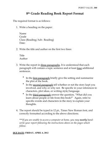 8th Grade Reading Book Report Format