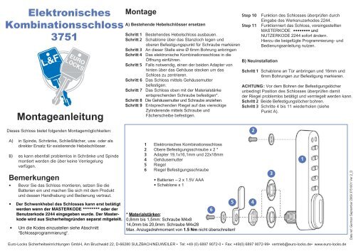 Elektronisches Kombinationsschloss 3751 Montageanleitung