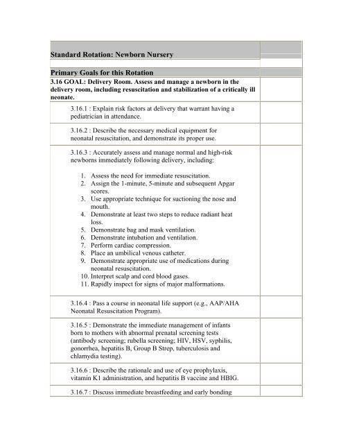 Standard Rotation: Newborn Nursery Primary Goals for this Rotation