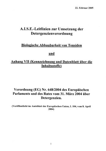A.I.S.E.-Leitlinien zur Umsetzung der Detergenzienverordnun g