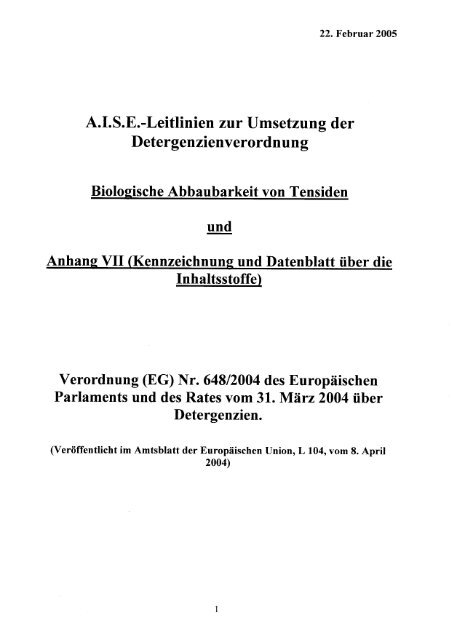 A.I.S.E.-Leitlinien zur Umsetzung der Detergenzienverordnun g