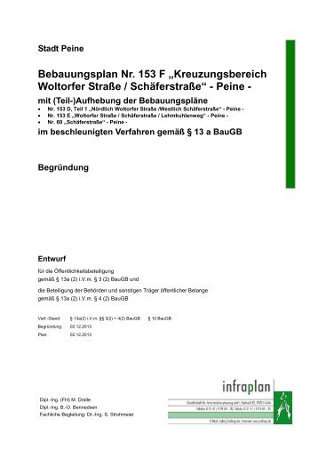 Bebauungsplan Nr. 153 F â€žKreuzungsbereich Woltorfer ... - Peine