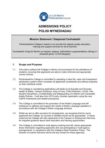 Admissions Policy - Pembrokeshire College