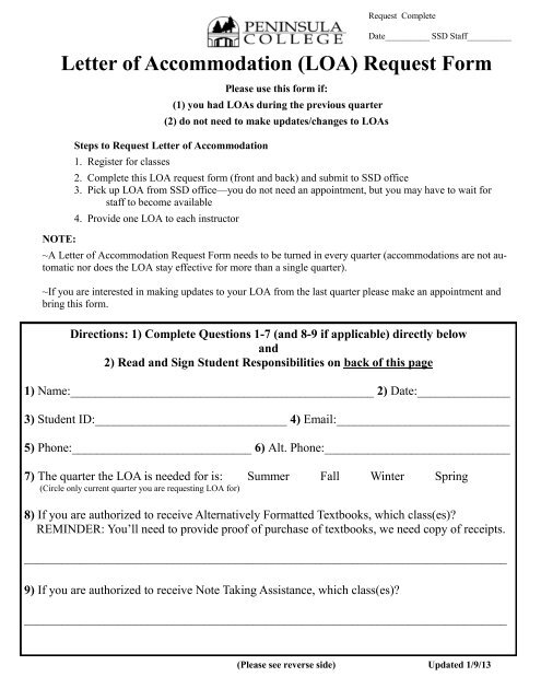 Letter Of Accommodation Loa Request Form Peninsula College 4488