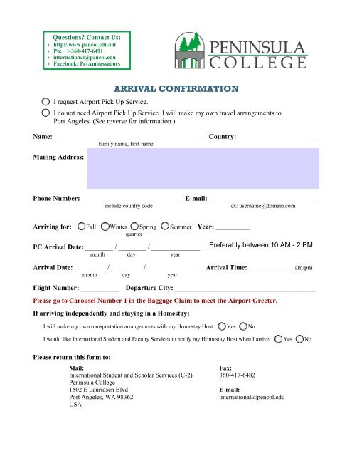 Arrival Confirmation Form - Peninsula College