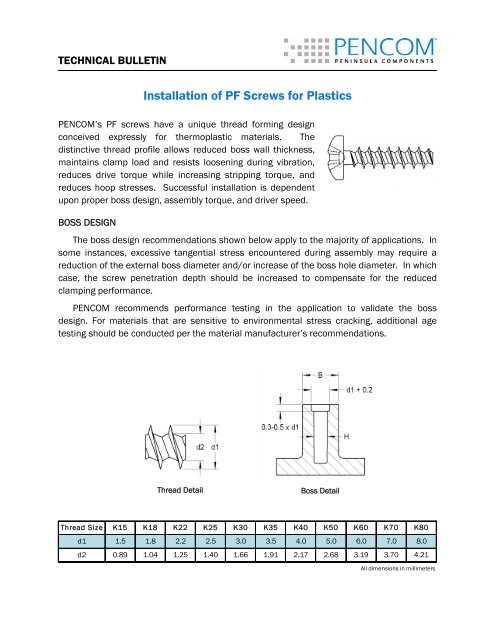 Installation of PF Screws for Plastics - Pencom