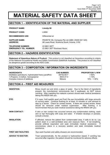 material safety data sheet - Penrite