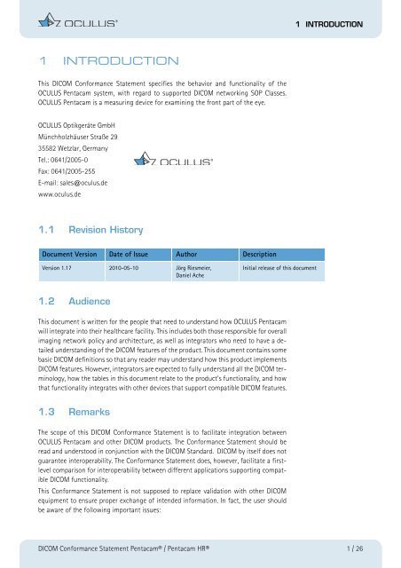 DICOM Conformance Statement for PentacamÂ®, (1MB) - OCULUS ...