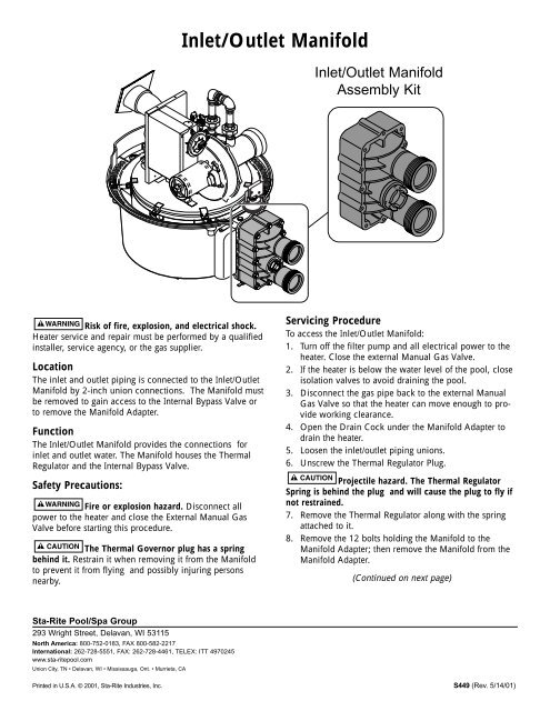 Inlet/Outlet Manifold Assembly Kit - Pentair