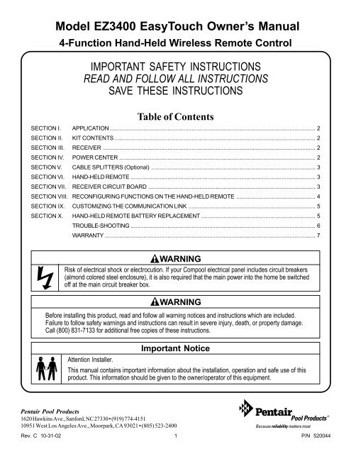Bestseller: Pentair Owners Manuals