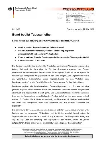 Bund begibt Tagesanleihe - Finanzagentur GmbH