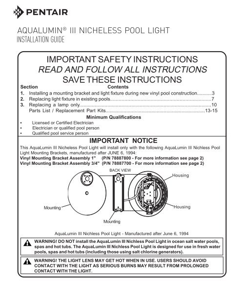 AquaLumin III Lights Installation Guide Pentair
