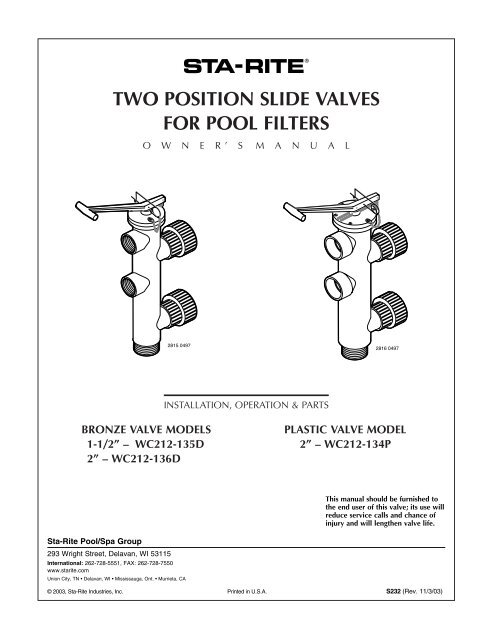two position slide valves for pool filters - Pentair