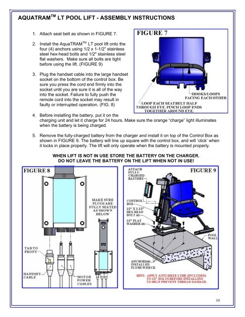 AQUATRAM LT POOL LIFT USER MANUAL WARNING - Pentair