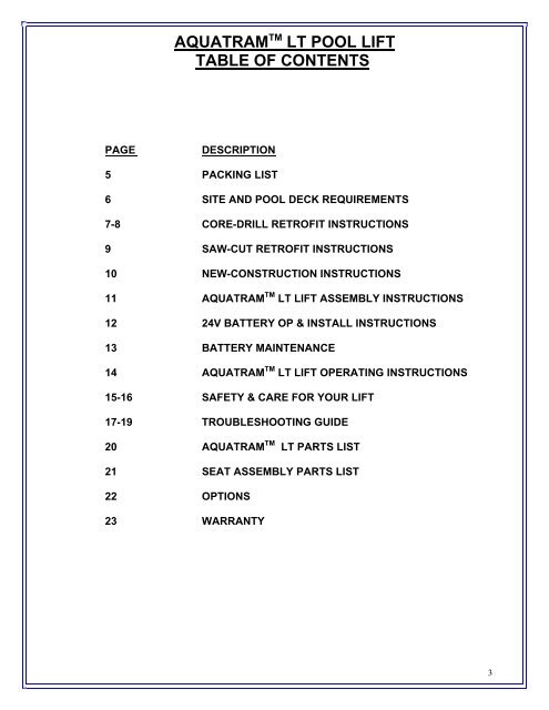 AQUATRAM LT POOL LIFT USER MANUAL WARNING - Pentair