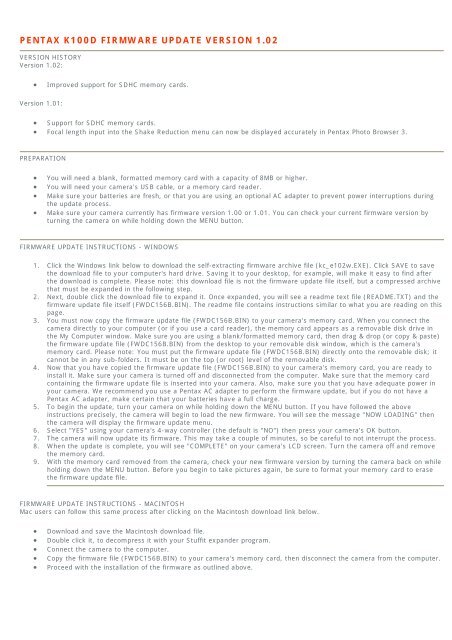 PENTAX K100D FIRMWARE UPDATE VERSION 1.02