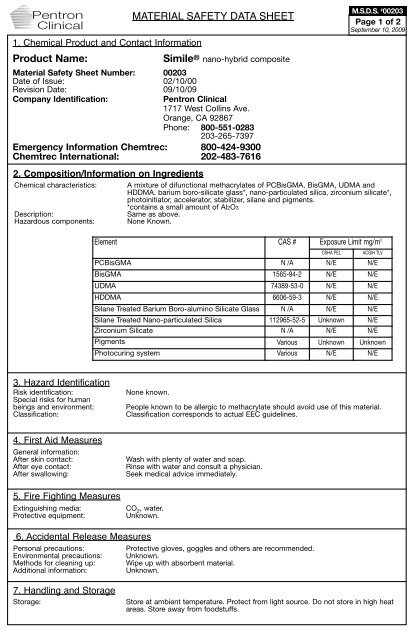 Simile Nano Hybrid MSDS - Pentron Clinical