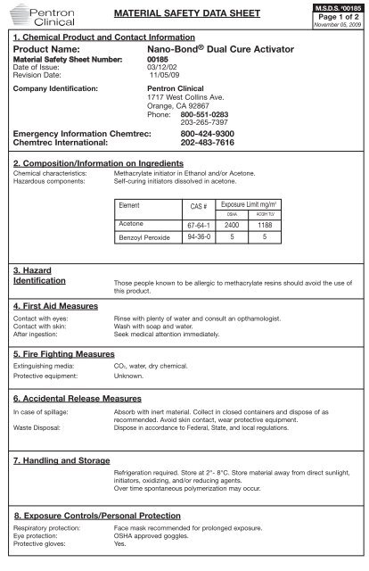 Nano-Bond Dual Cure Activator MSDS - Pentron Clinical