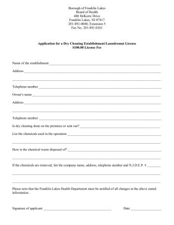 Application for Dry Cleaning Establishment - Laundromat License