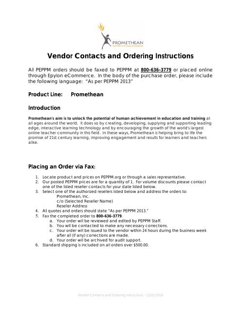 Vendor Contacts and Ordering Instructions - Peppm