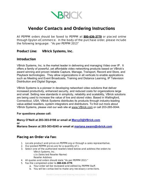 Vendor Contacts and Ordering Instructions - Peppm