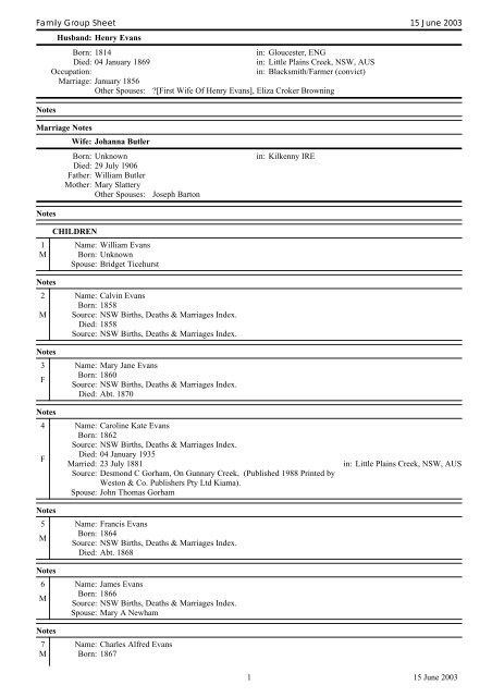 Evans - Butler Family Group Sheet - Percy L Withers