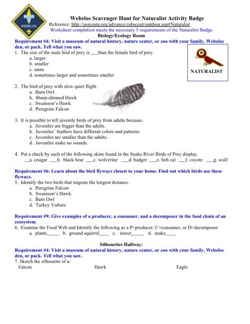 Webelos Scavenger Hunt For Naturalist Activity Badge