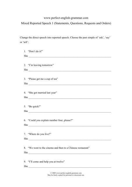 Reported Speech Mixed Exercise 1 Perfect English Grammar Reported Speech Mixed Exercise 1 Perfect English Grammar