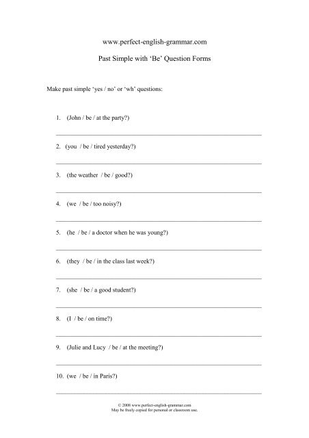 Www Perfect English Grammar Com Past Simple With Be Question