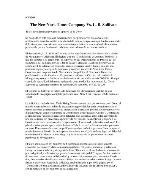 The New York Times Company Vs. L. B. Sullivan - Catedras