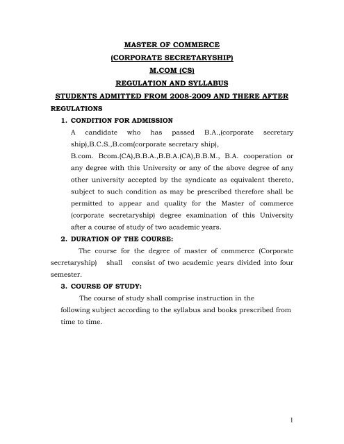 Mcom Corporate Secretary Ship Periyar University - 