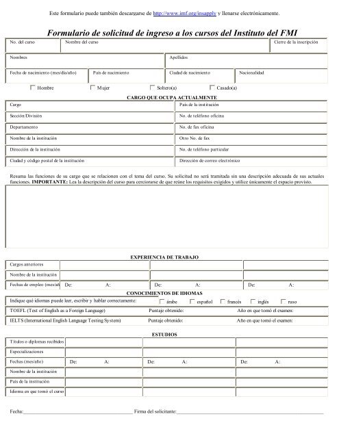 Formulario de solicitud de ingreso a los cursos del Instituto del FMI