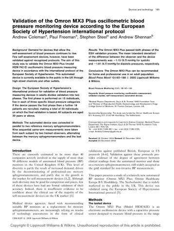 Validation of the Omron MX3 Plus oscillometric blood pressure ...