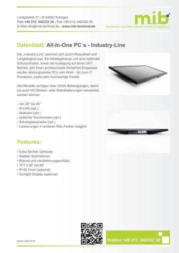 Datenblatt: All-In-One PC´s - Industry-Line Features: