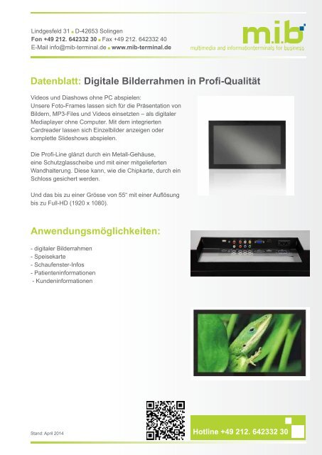 Datenblatt: Digitale Bilderrahmen in Profi-Qualität m.i.b GmbH