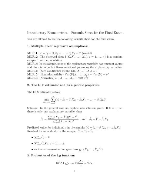 Introductory Econometrics â Formula Sheet for the Final Exam