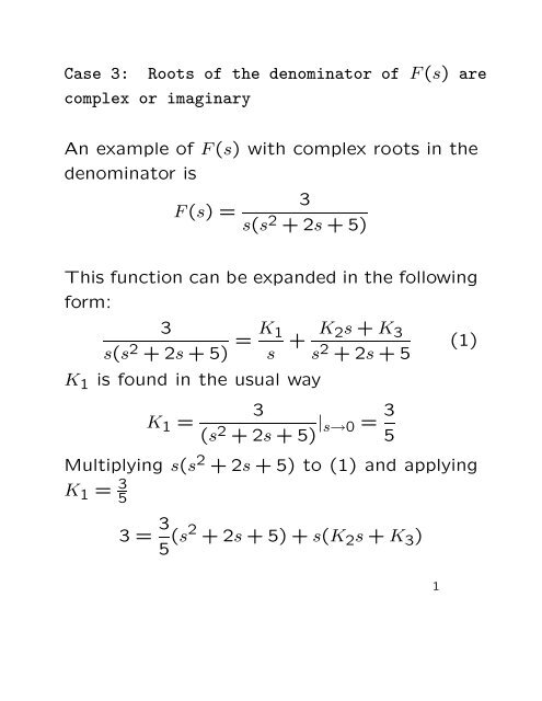 Case 3: Roots of the denominator of F(s) are complex or imaginary ...