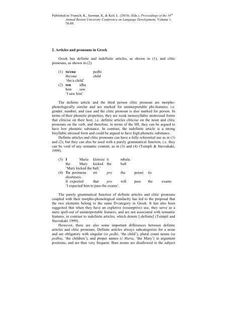 On-line Processing of Articles and Clitic Pronouns by Greek ...