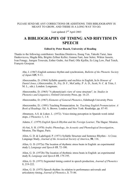 a bibliography of timing and rhythm in speech - University of Reading