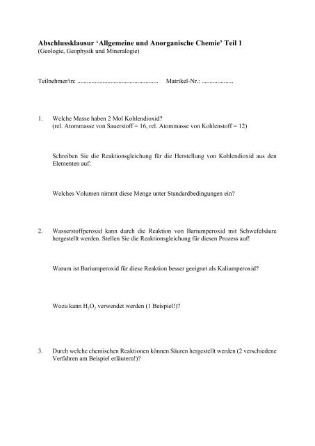 Abschlussklausur 'Allgemeine und Anorganische Chemie' Teil 1