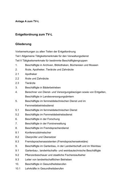 Entgeltordnung zum TV-L Gliederung - der Personalabteilung