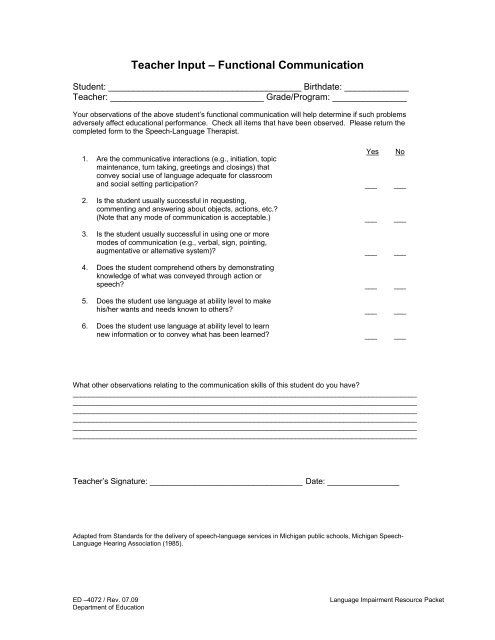 RESOURCE PACKET Assessment of Language Impairment