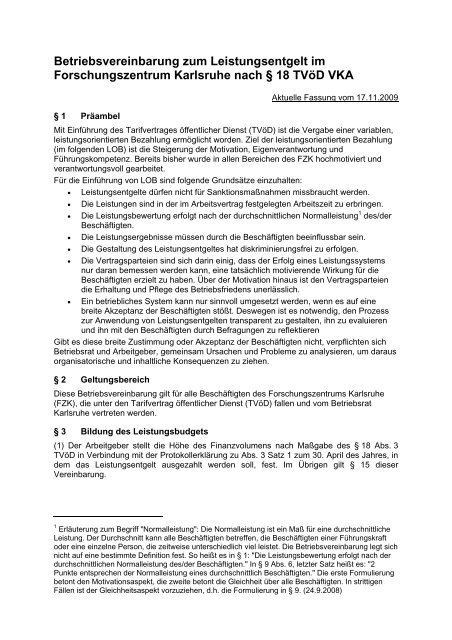 Betriebsvereinbarung zum Leistungsentgelt im ... - Personalrat - KIT