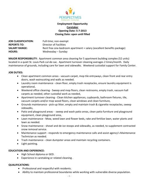 Caretaker Position - Perspectives Family Center